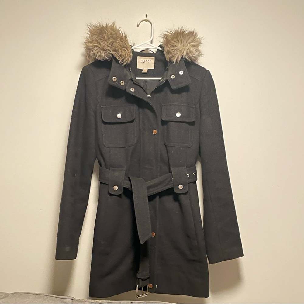 Esprit Black Utility Jacket with Faux Fur Hood